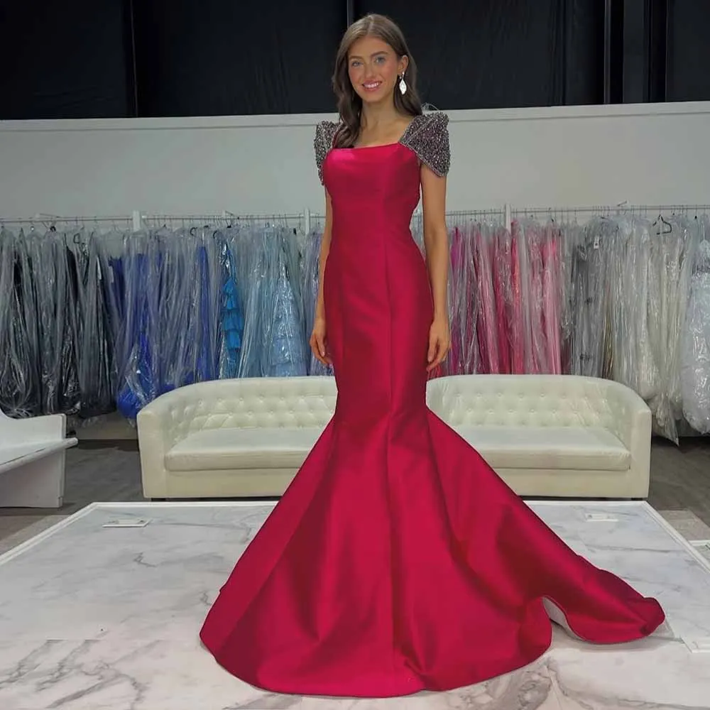 

Luxury Mother of the Bride Dresses 2025 Satin Mermaid/Trumpet Formal Evening Dress Fuchsia Square Neck Beads Backless Prom Dress