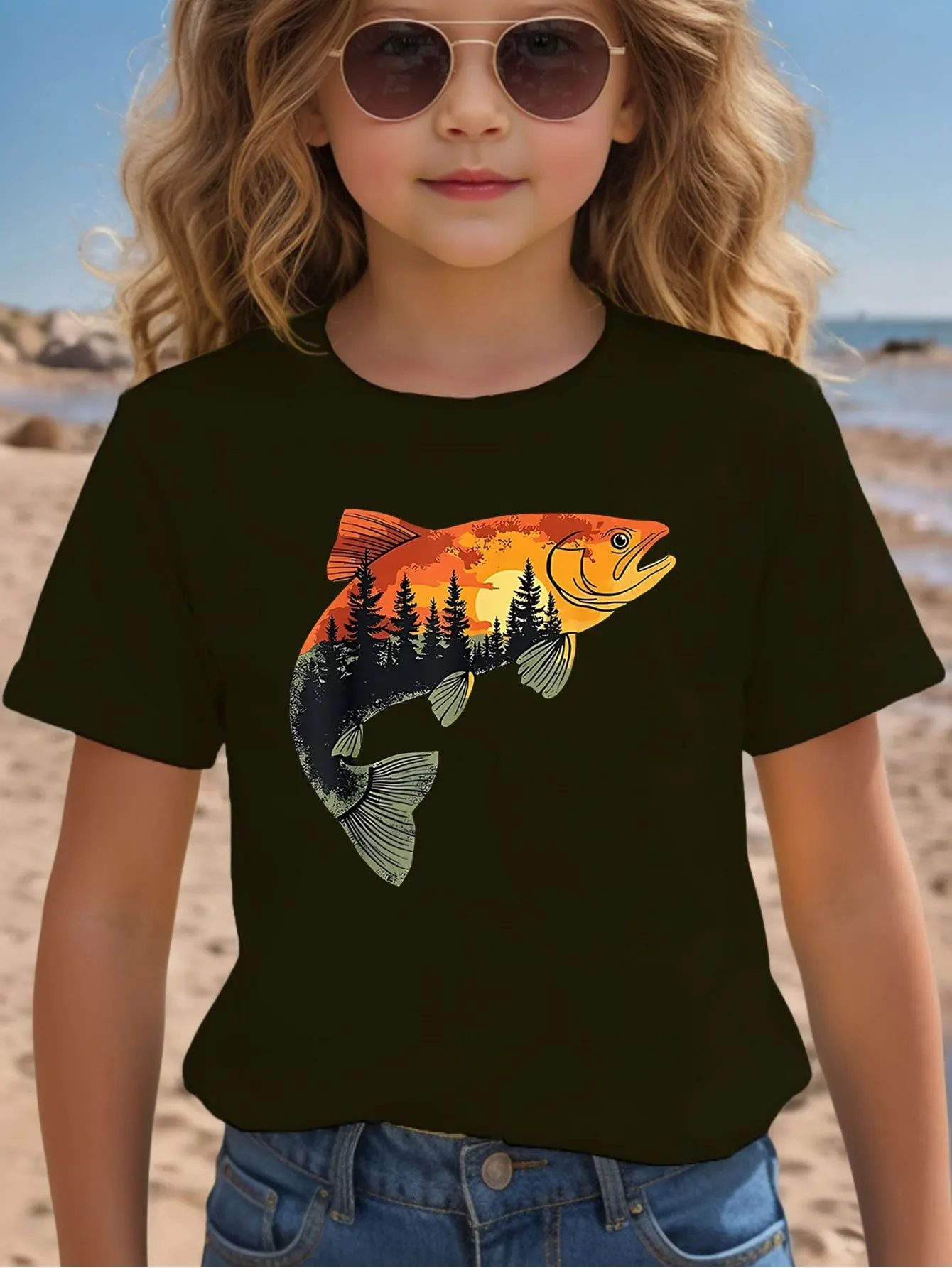 Sunset Forest Trout Fish Print Kids Cotton T Shirt Boys Girls Parent Child Matching Short Casual Breathable Family Fashion Tees