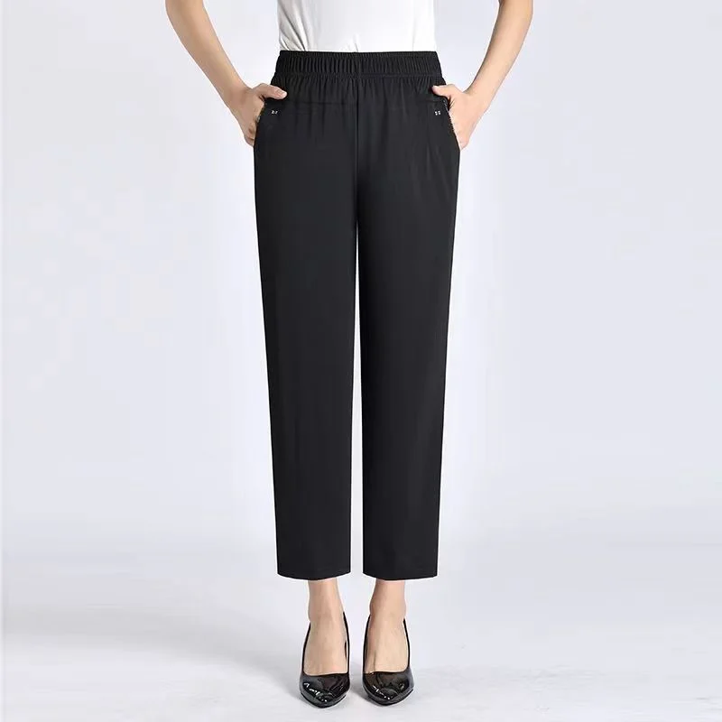 5XL 6XL 7XL 8XL Women Summer Pants 2022 New Elastic High Waist Casual Ninth Pants Middle-aged Elderly Female Straight Mom Pants