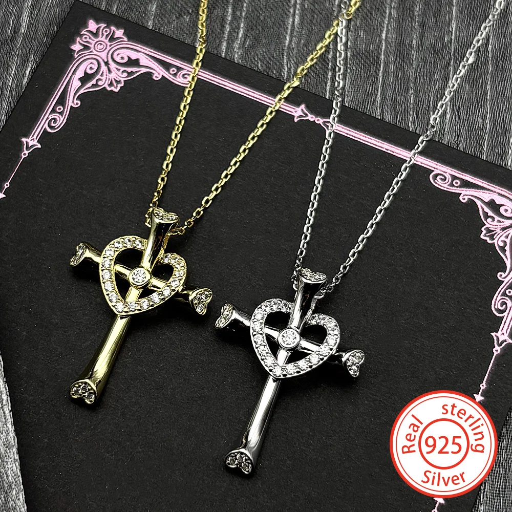

Роскошное ожерелье с подвеской в виде креста и сердца из серебра 925 пробы с цирконами для женщин и девушек, позолоченная цепочка на ключицу, изысканные парные украшения