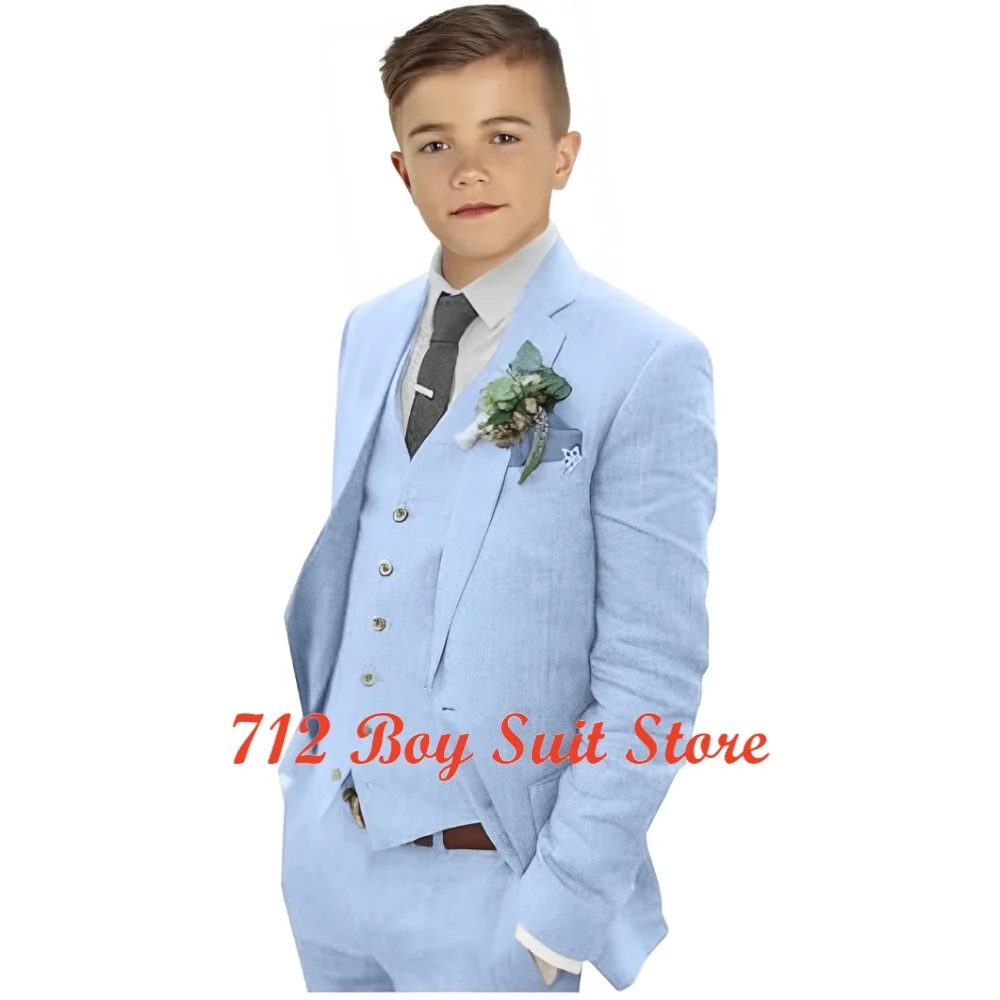 Boy's Linen 3-piece Suit Slim Fit Notch Lapel Jacket One Breasted Blazer Vest Pant Set Boys Summer Seaside Wedding Suit