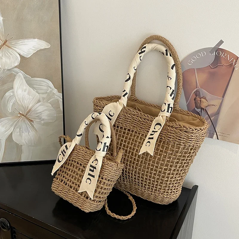 New Women\'s Bag High Quality Straw Woven Hollow Inner Tank Large Capacity Shoulder Bag 2024 Summer Leisure Shopping Handbag