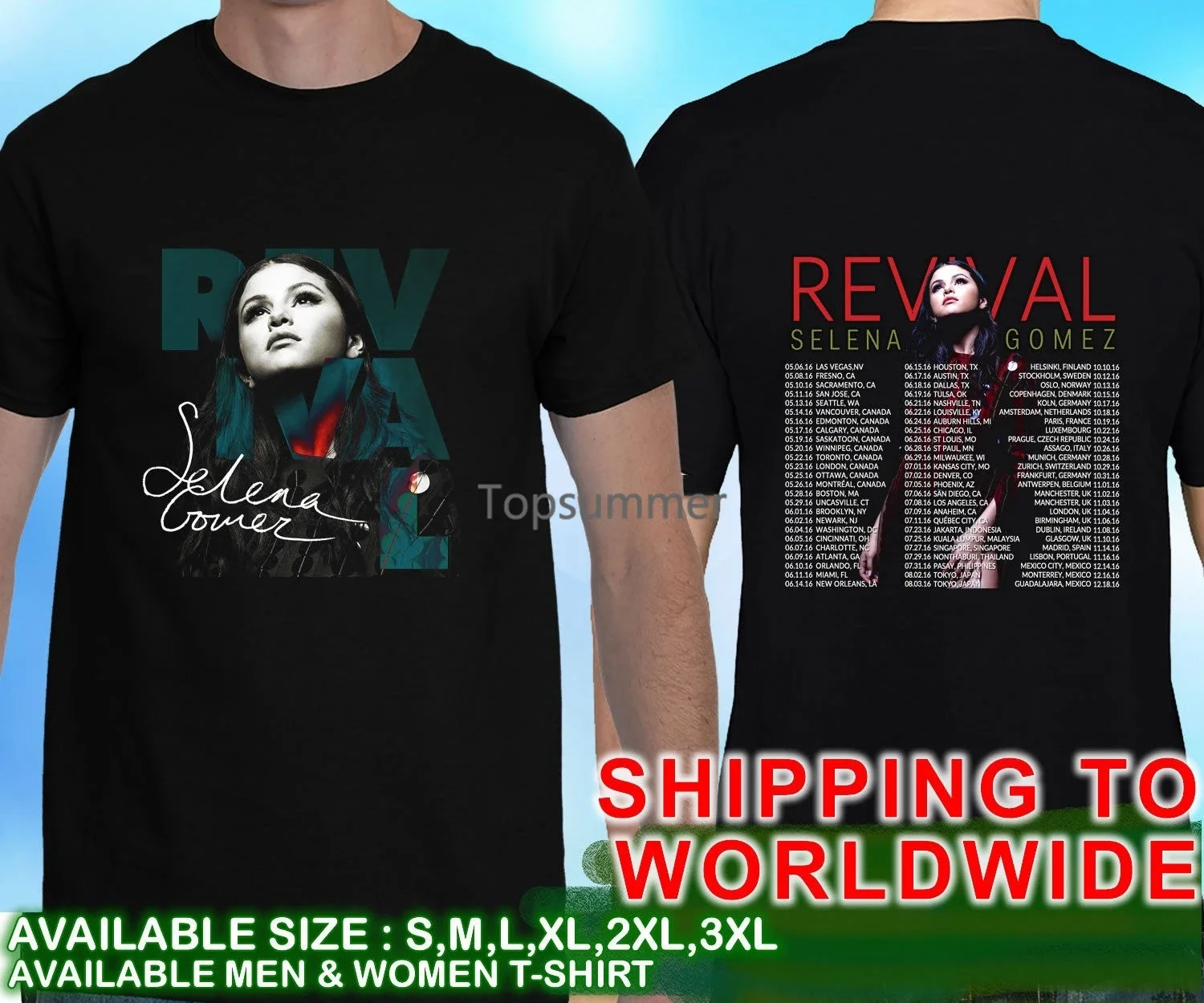 Selena Gomez Revival World Tour Dates 2016 Unisex Black T Shirt S M L Xl 2Xl 3Xl