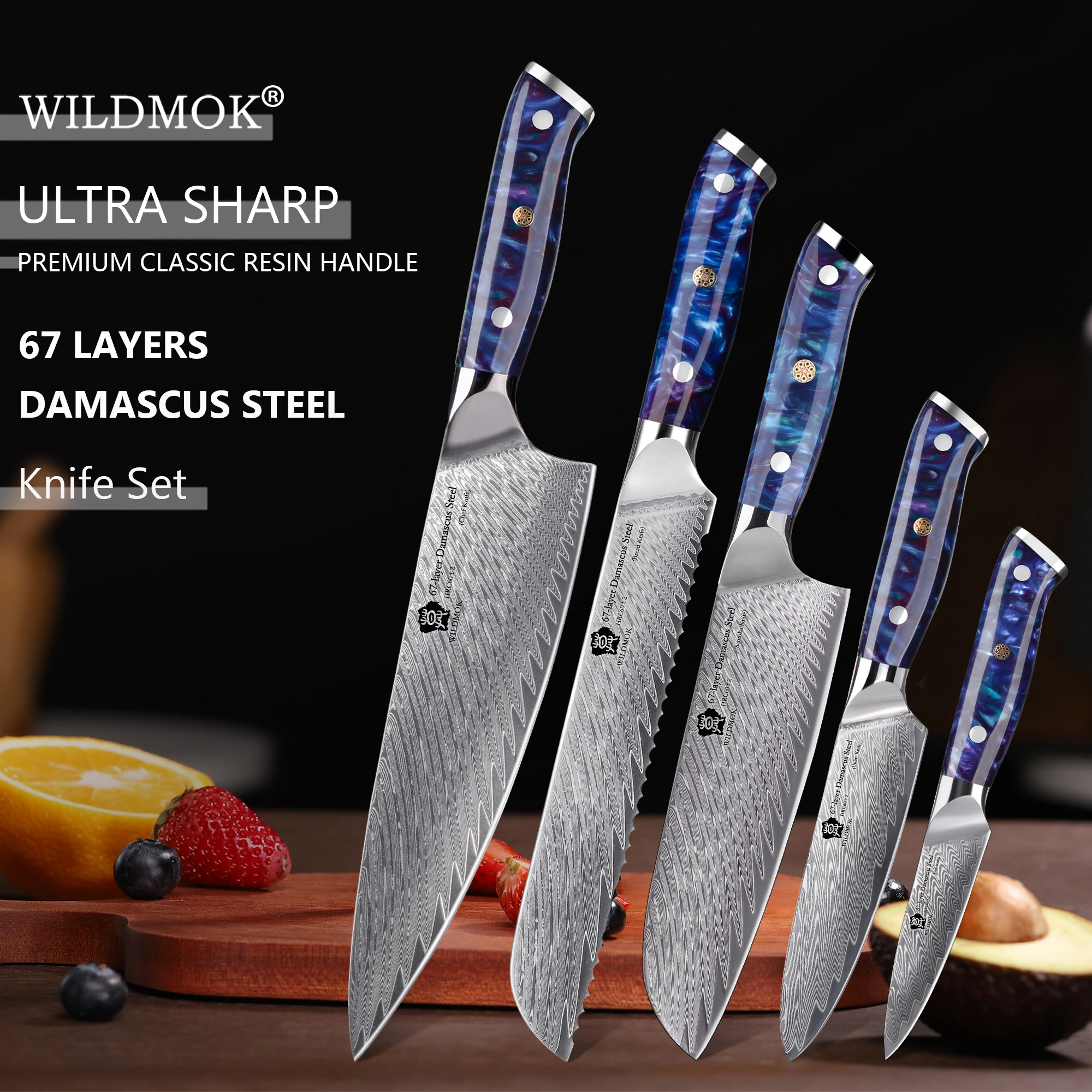 WILDMOK Set of 5 Pcs Professional Chef Knife , 67 Layer Damascus VG10 Steel Chef Knife Set With Gift Box, Ergonomic Resin Handle