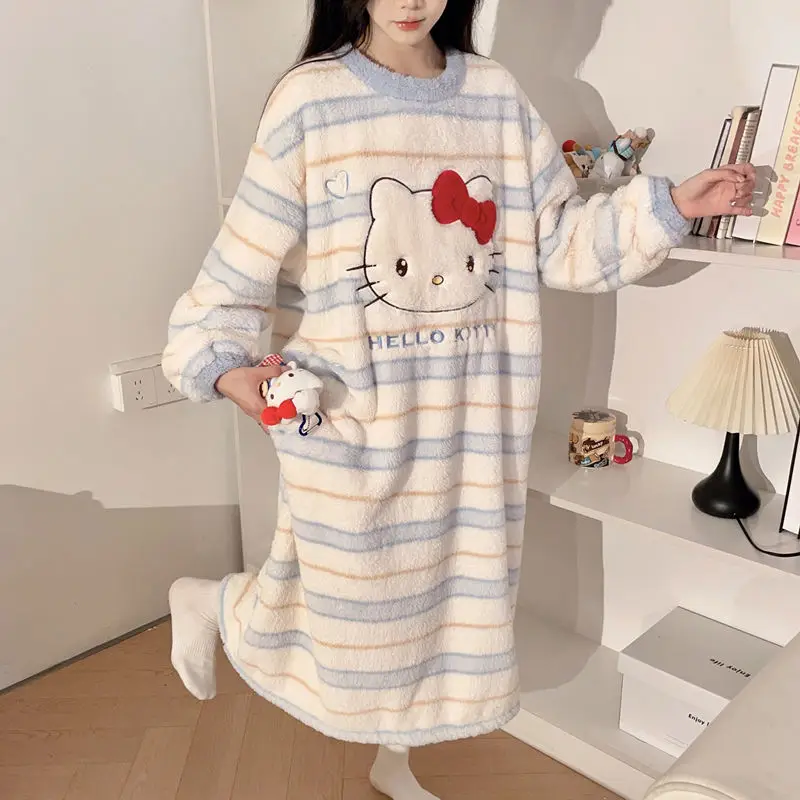 

Sanrio Hello Kitty Coral Velvet Pajamas Robes Winter Velvet Thickened Flannel Mid-Length Hooded Sleeping Gown Set Home Clothing