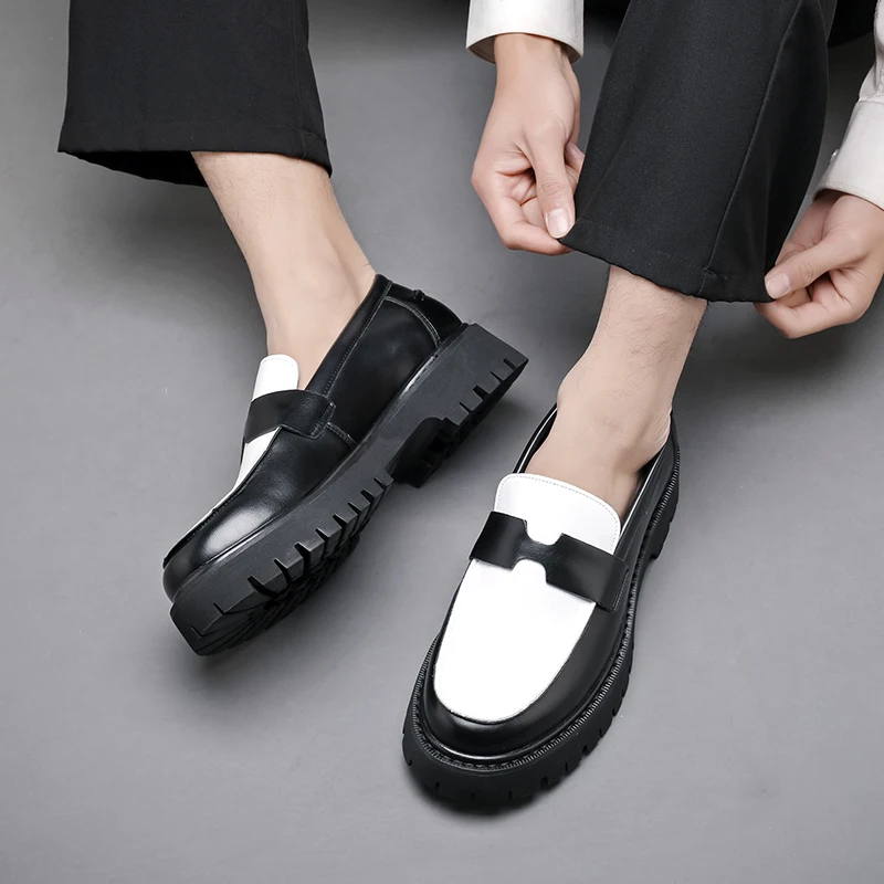 

2025 New British-style Men's Leather Shoes, Black and White Striped Leather Shoes, Thick-soled Elevated Lazy Slip-on Loafers