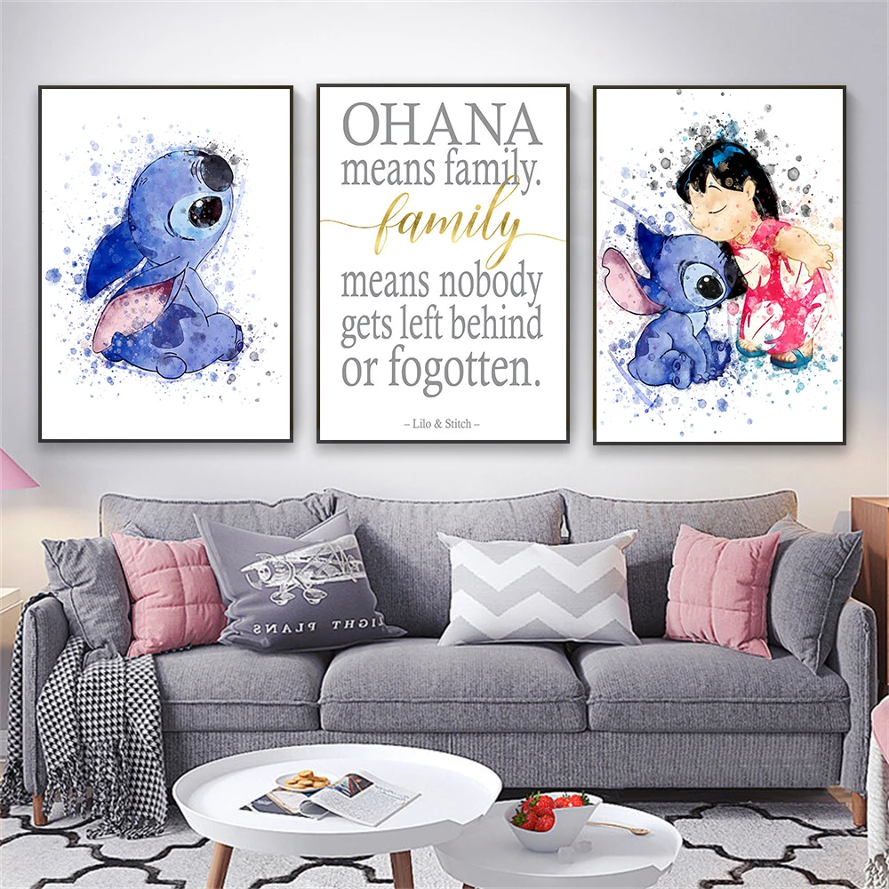 Lilo And Stitch Prints Ohana Quote Poster Disney Wall Art Stitch Watercolor Canvas Painting Nursery Decor Baby Shower Kids Gift