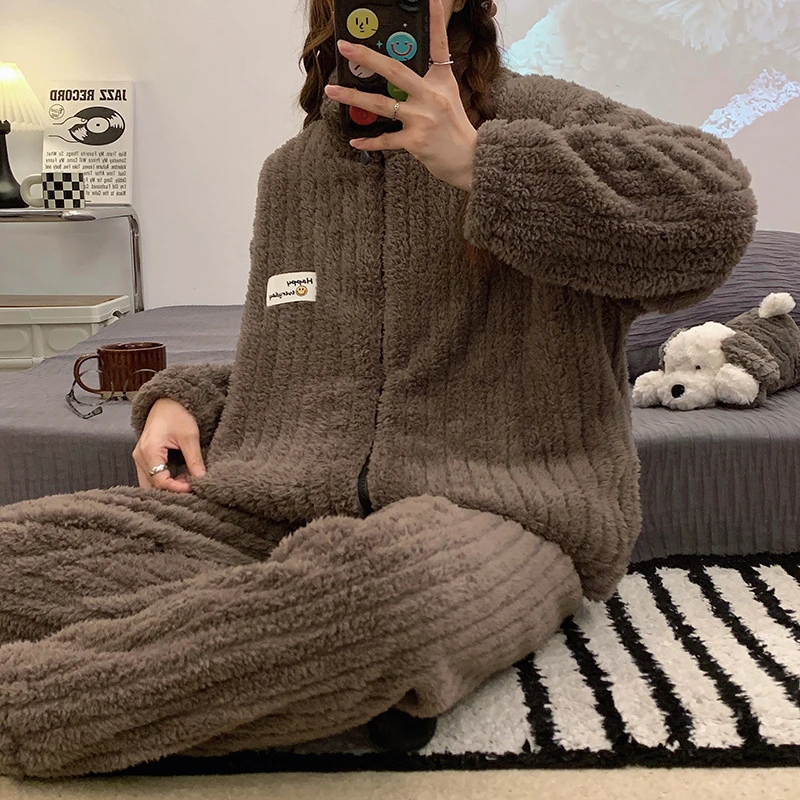 Brown Navy Winter Pajamas Set for Women Men Extra Warm Fleece Cardigan Pijama Long Pants Sleepwear Homewear Girl Pyjama Suit