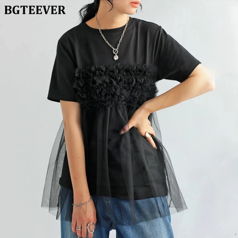 

Стильные женские футболки BGTEEVER с сетчатыми вставками, повседневные, с круглым вырезом, с коротким рукавом, топы