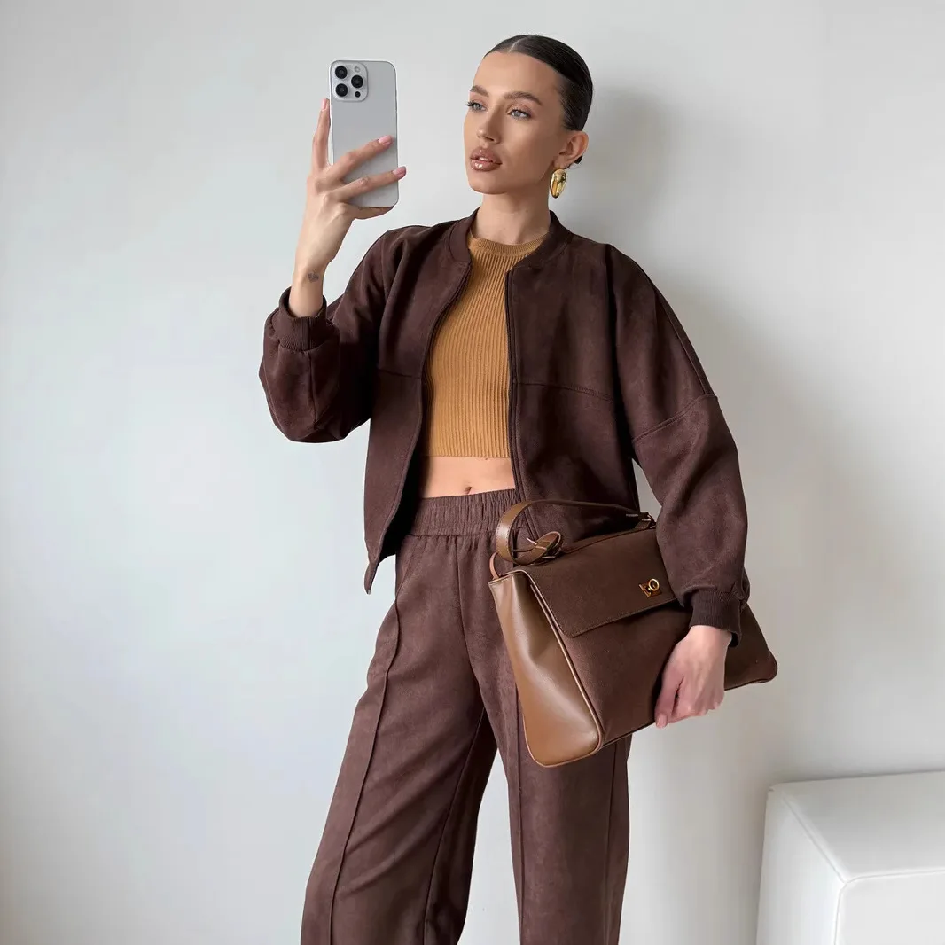 

Women's 2-piece Retro Solid Color Zipper Bomber Jacket Sweatshirt + High Waist Loose Pants Suit Women's Fashion Lady Sportswear