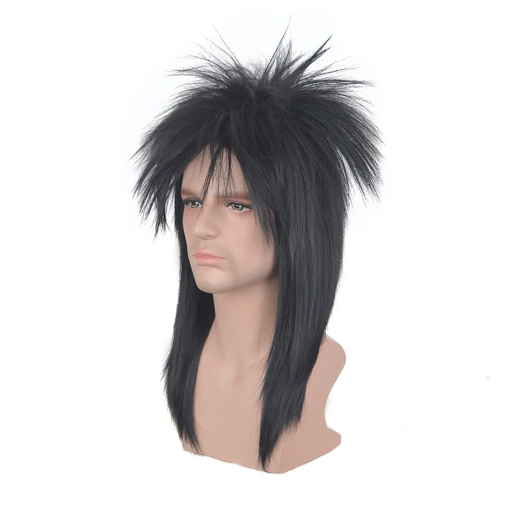 Dla obu płci długi czarny 70s 80s Mullet Cher Glam Rock Rocker z Cosplay peruki dla kobiet i mężczyzn Halloween, tematyczne impreza przebierana