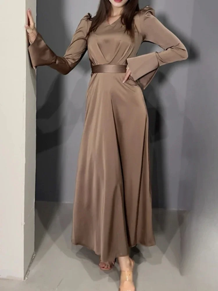 Eid Muslim Dress For Women V Neck Belt Satin Maxi Long Dresses Abaya Ramadan Lace-up Abayas Kaftan Dubai Arab Modest Long Robe 4