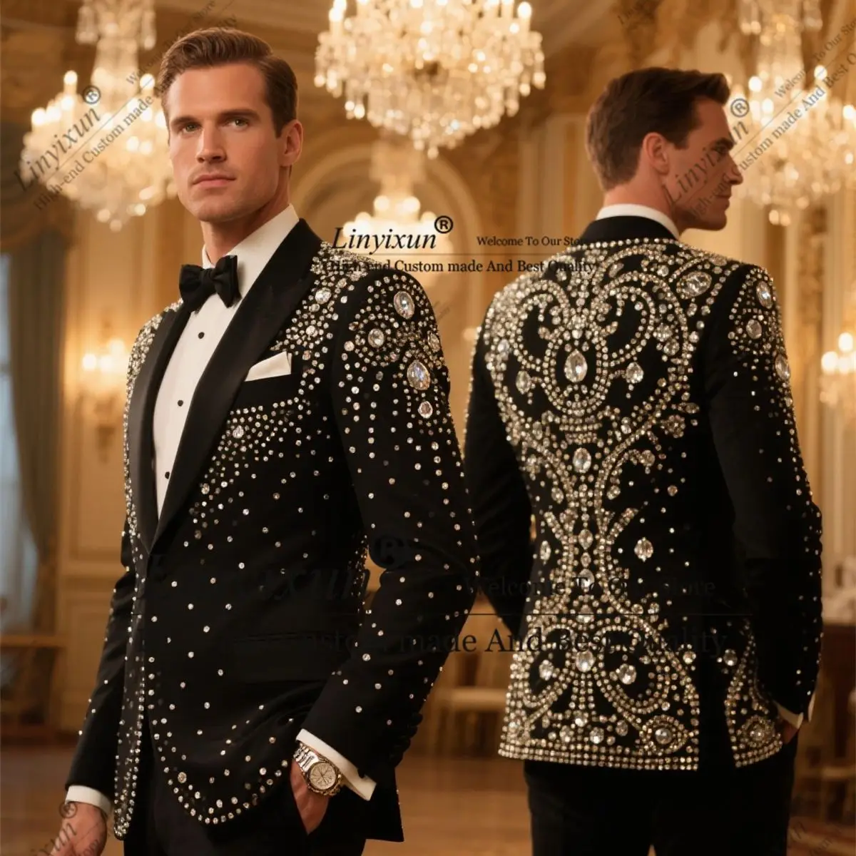 

Luxury Rhine stone Men Suit With Pant Shiny Groom Wedding Tuxedos Customized Costume Homme Prom 2 Pieces trajes para hombre
