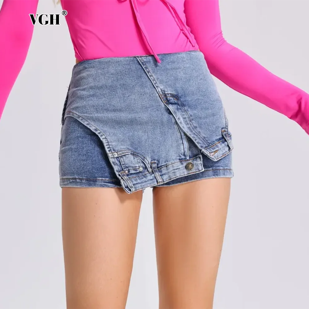

VGH Streetwear Asymmetrical Denim Short For Women High Waist Spliced Pockets Solid Fashion Shorts Female Summer Clothes New