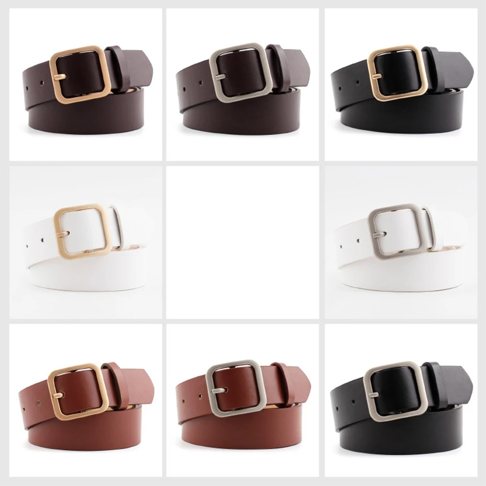 

1pc Women Belt Adjustable Square Buckle Casual Chic Stylish Belt For Female Gift Coffee Gold 110Cm 3.3Cm Width