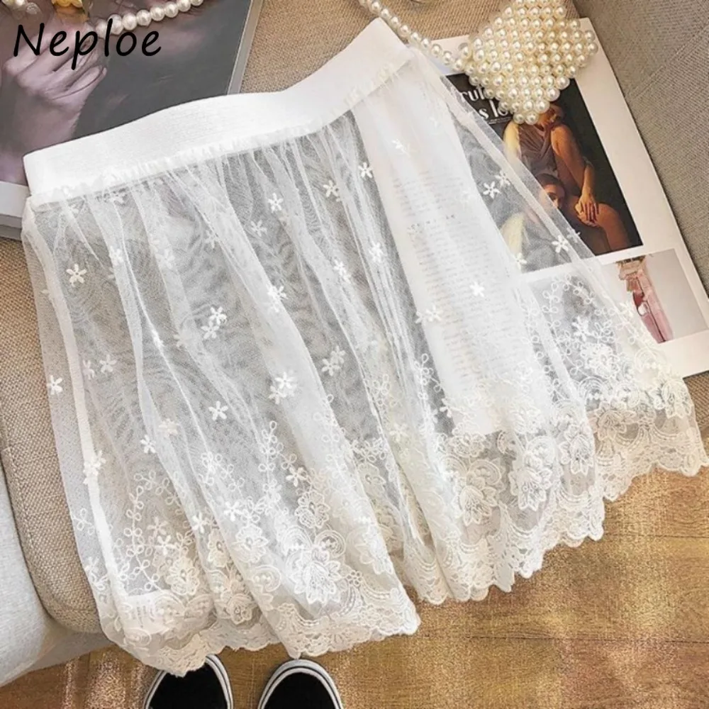 Neploe Hip Hop Vintage Y2K Casual Short Fart Curtain Lace All-match Mesh Overskirt Fold Through Skirt Hollow Out Fungus Mujer