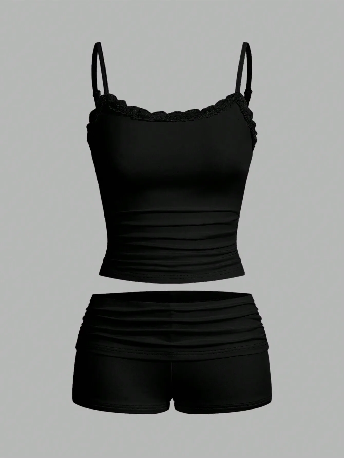 

Комплект из черного кружевного топа-камизола и плиссированных шорт – облегающий комплект из двух предметов с драпировкой для летнего повседневного образа