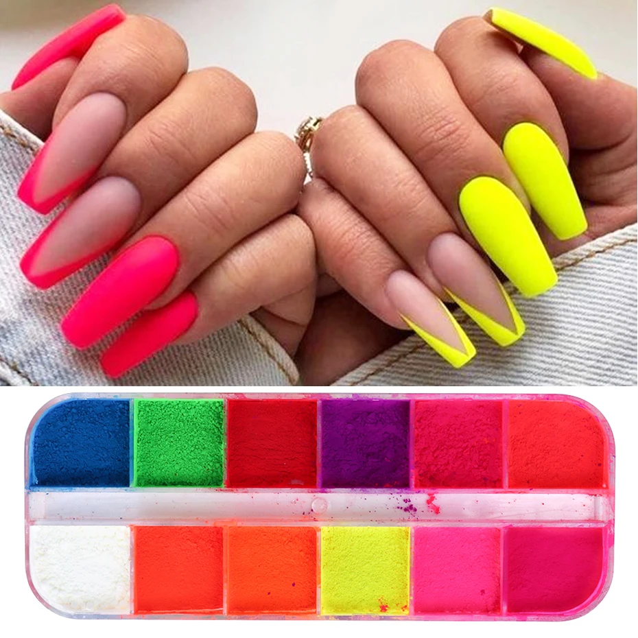 12Grid Fluorescence Pigment Powder Nail Art Glitter Dust Dipping Powder Polish Rub Hot Pink Yellow Blue Nail Supplies Decor JIYE