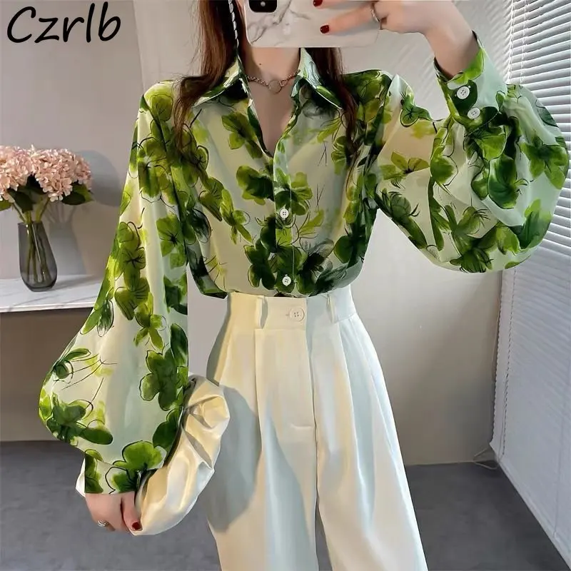 Retro Shirts Women Lantern Sleeve Design Chic Print Harajuku High Street All-match Elegant Classic Blusas De Mujer Autumn Lady