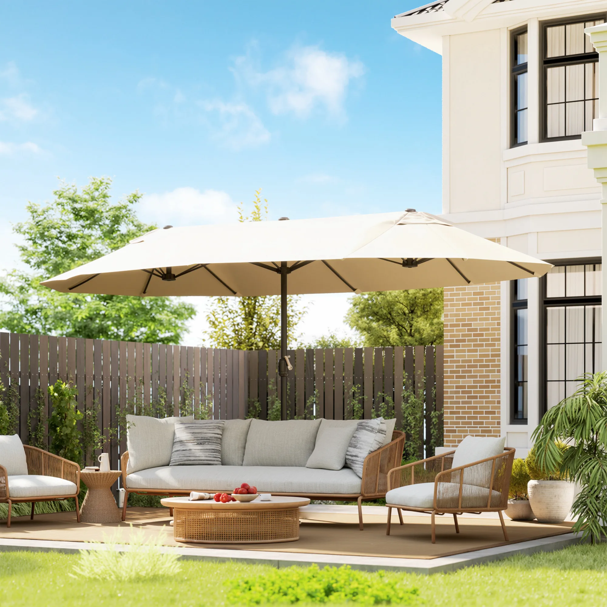 Extra Large 15' Patio Umbrella, Double-Sided Outdoor Pool Umbrella with Crank Handle, Cream White