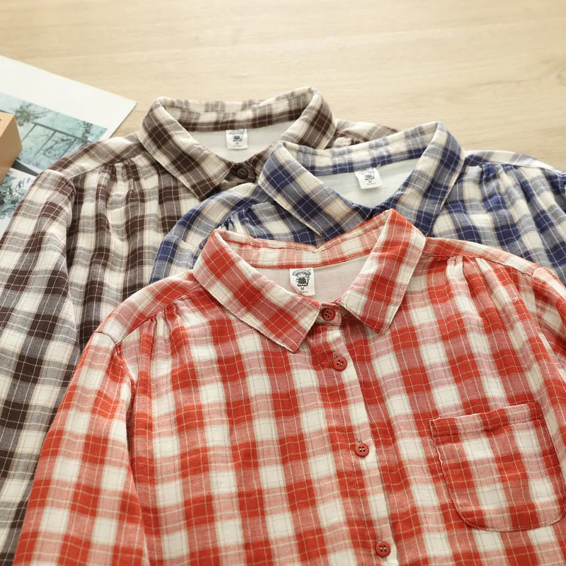 

100% Cotton yarn women's plaid shirts Japanese fashion casual red blue coffee checkered long sleeve blouses tops female