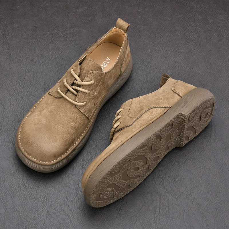 High Quality New Retro Men's Shoes with British Style Casual Leather Shoes Soft Cotton Soft Leather Wide Toe Lace Up Sneakers