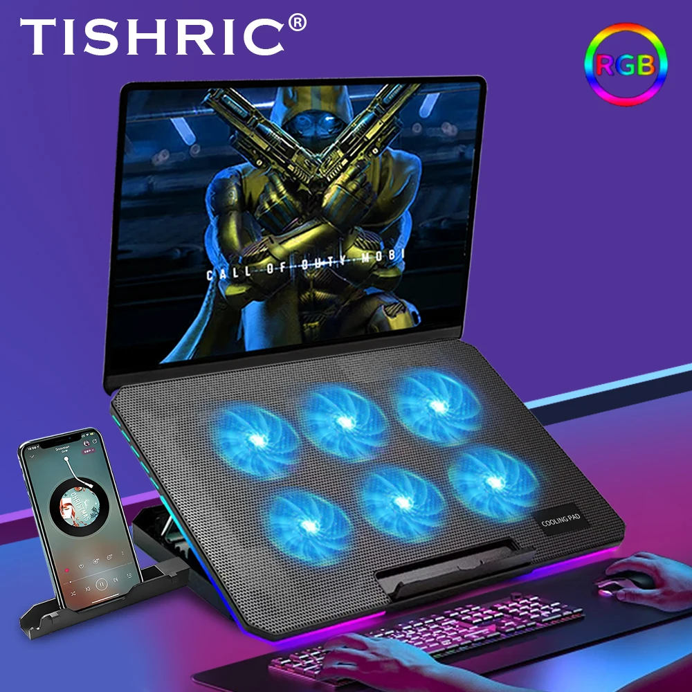 TISHRIC Laptop Cooler Six Fan Speed Regulation Gaming Notebook Cooler HeatSink 10RGB Breathing For 12-17 Inch Laptop Stand