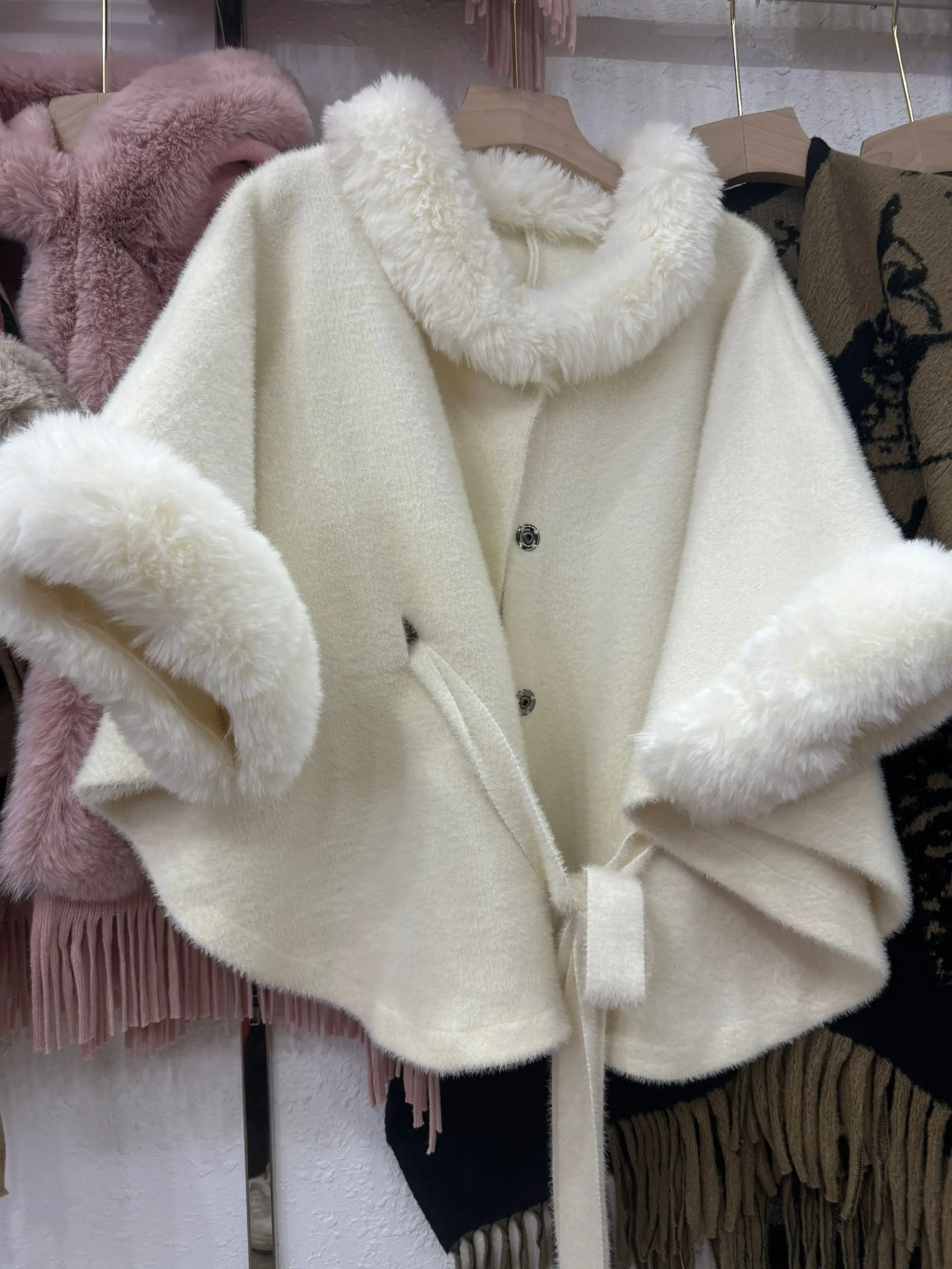 Women White Faux Fur Cashmere Cardigan Button Loose Cloak Winter Warm Woolen Poncho Cappa Batwing Sleeves Overcoat With Ball