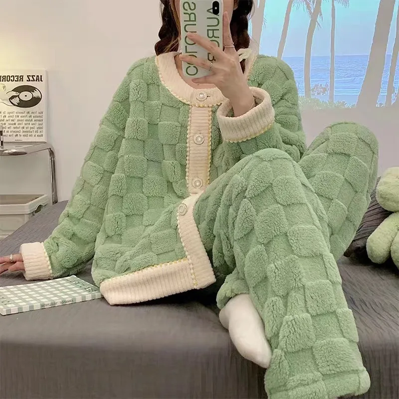 

Thickened Warm Pajamas Women Coral Velvet Fall and Winter Flannel High-End Plaid Print Loungewear Set Girl Korean Version