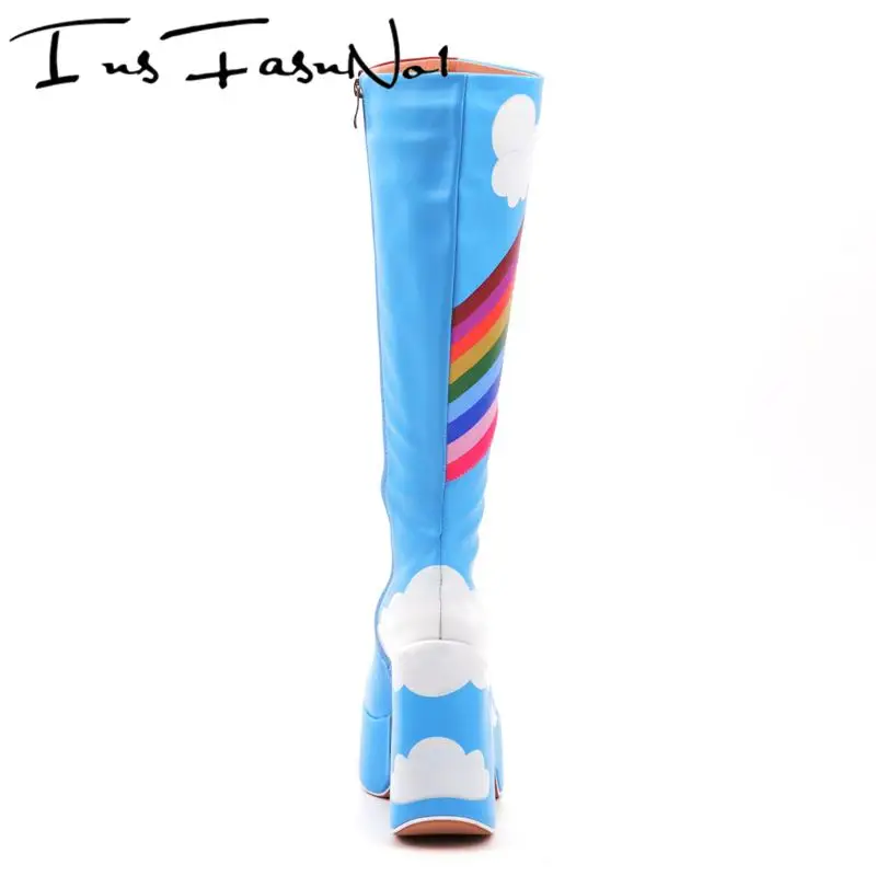 Colorful Rainbow Platform Knee Boots Cloud Blue Sky Graffiti Long Boots Designer Zip Shoes Square Wedges High Heel Sweet Botas