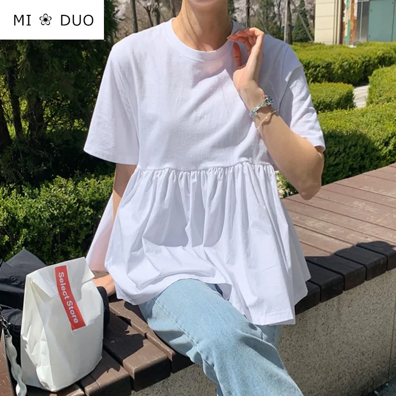 Korean style Summer Chic Pleated Y2k Tops Loose O Neck Tees Fashion Casual T-Shirt Solid All Match Ropa Mujer