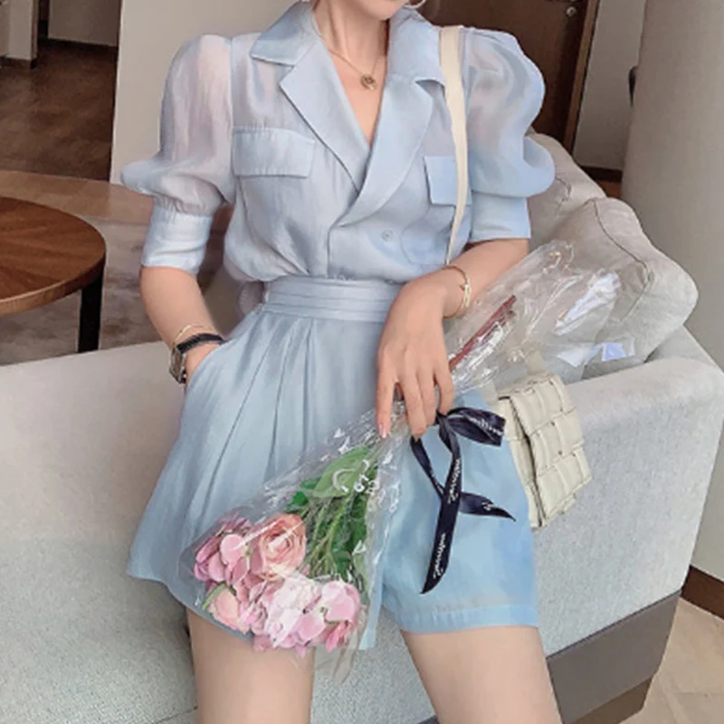 Summer New Fashion Solid Chiffon Two Piece Set Puff Sleeve Pockets Casual Lady Chic Blouse and Short Suits Korean Female Clothes