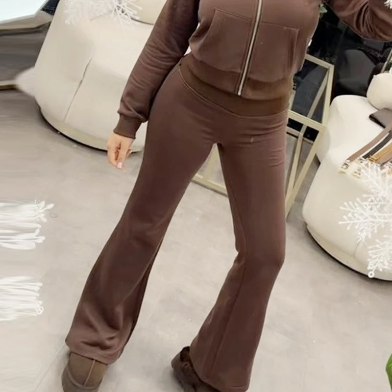 HXAO Fleece-Schlaghose, Damenhose, Schwarz, Braun, Grau, Hose für Damen, schicke, hoch taillierte Schlaghose, lässige Sporthose – Detail 6