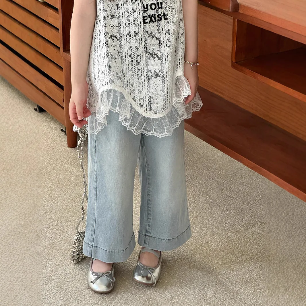 

Girls' Summer Korean 2025 Solid Color Jeans Children's Wide Leg Pants Casual Straight Leg Pants Nine Leg Pants