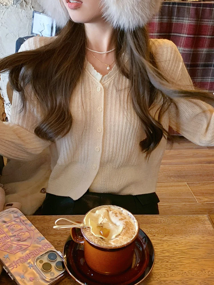 

Cute Floral Trim Collar ort Knitted Cardigan White Enhancing Red adient New Year Top Women's Faion Commute Sle Long S...