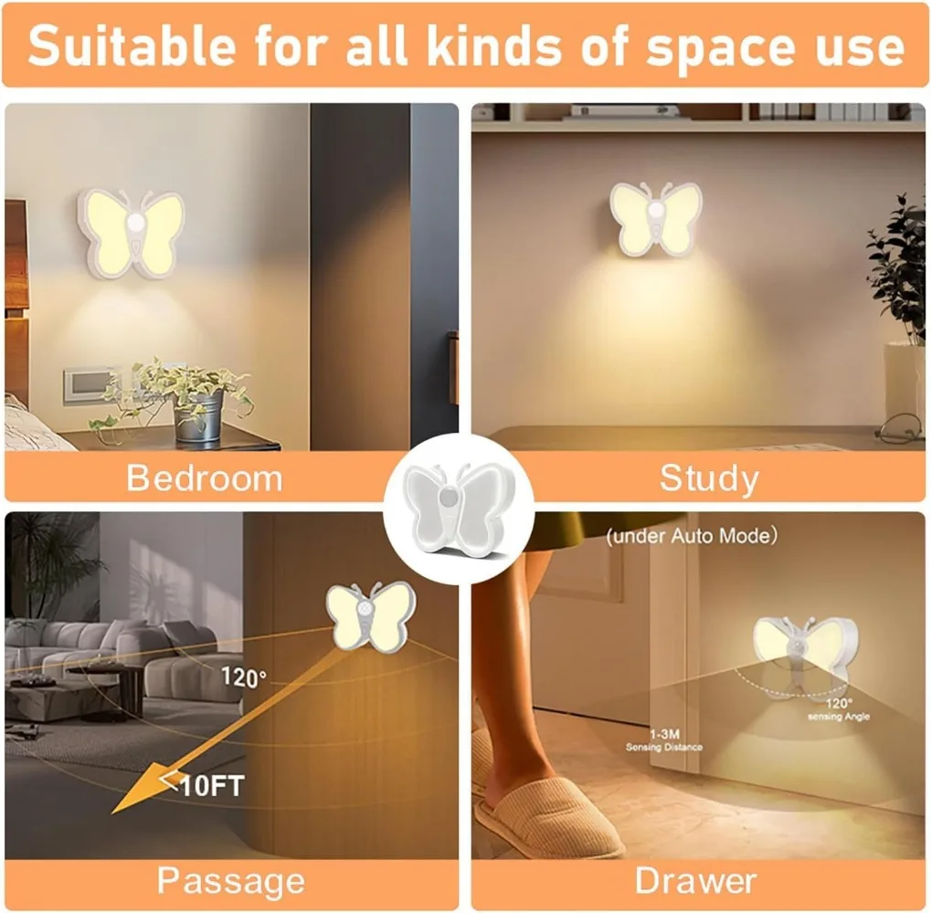 Butterfly Motion Sensor Night Light Wireless LED Night Light Rechargeable Light Cabinet for Wardrobe Lamp Staircase Backlight