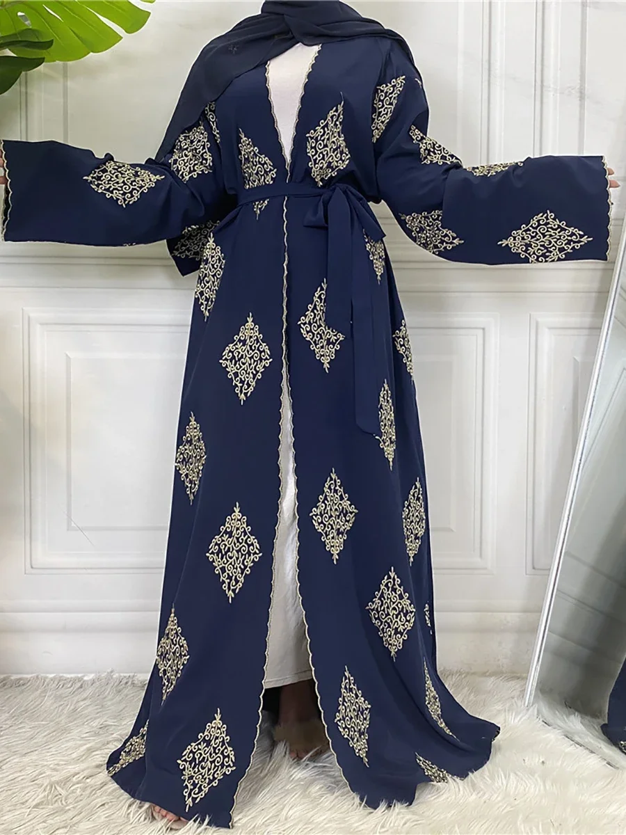 

Классические открытые абайи для мусульманских женщин, кимоно с горячим тиснением, летние качественные синие платья Рамадана для молитвы с поясом, индейская одежда