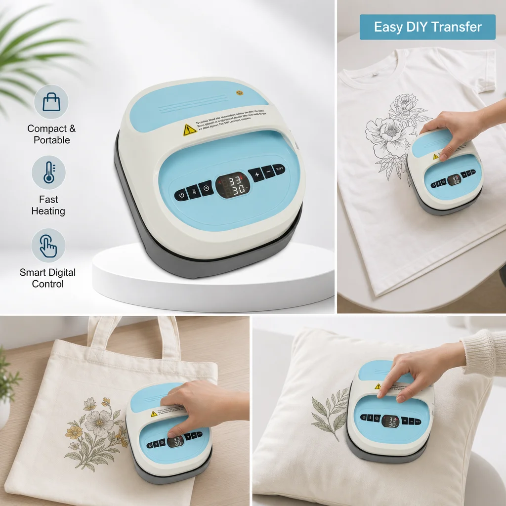 Mini Handgehaltene Heißpresse 540W 21x24 cm, Digitale Sublimations-Transferpresse mit Einstellbarer Temperatur (32-482°C) ° F) & Timer (0-999s), EU-Stecker Blaue Tragbare T-Shirt-Heißpresse für