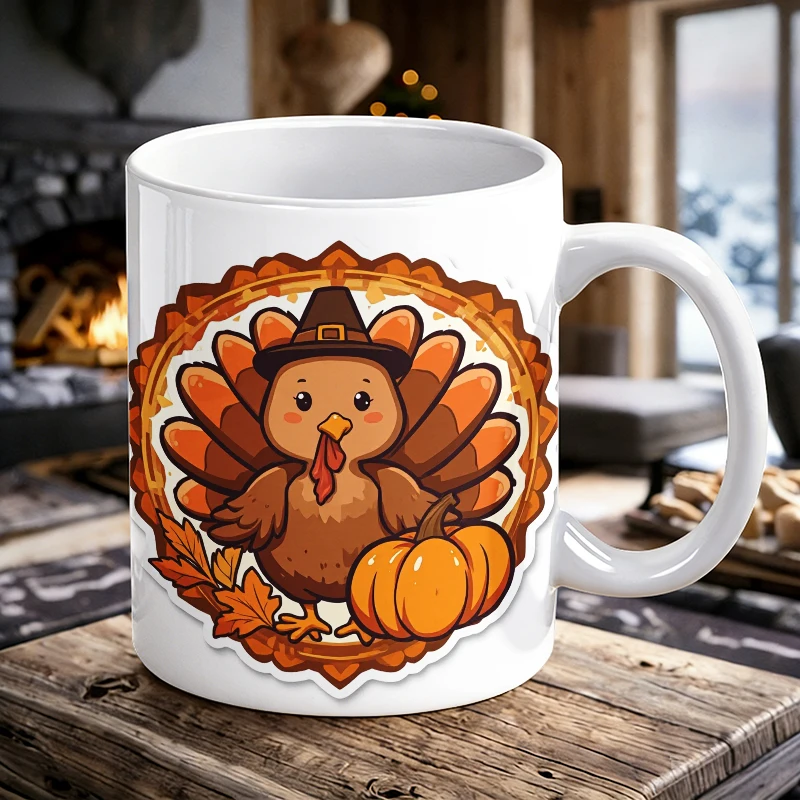 

11 oz Cute Turkey Handle Ceramic Mug, Full-Print Pattern Coffee Cup, Insulated Milk Cup, Office Water Cup, Fade-Resistant