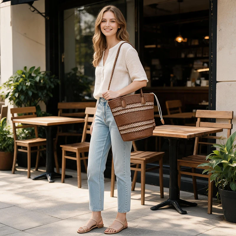 Rattan-Geflecht-Marktkorb-Schultertasche mit passender Geldbörse, handgefertigte gewebte Einkaufstasche für Damen, elegante Tragetasche – Detail 12
