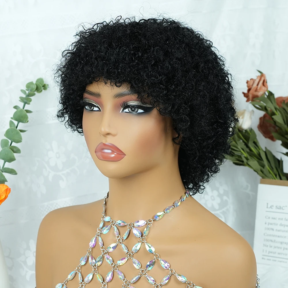 Pixie Cut Kinky Curly Wig with Bangs for Women Human Hair Short Curly Style Full Machine Made Wig