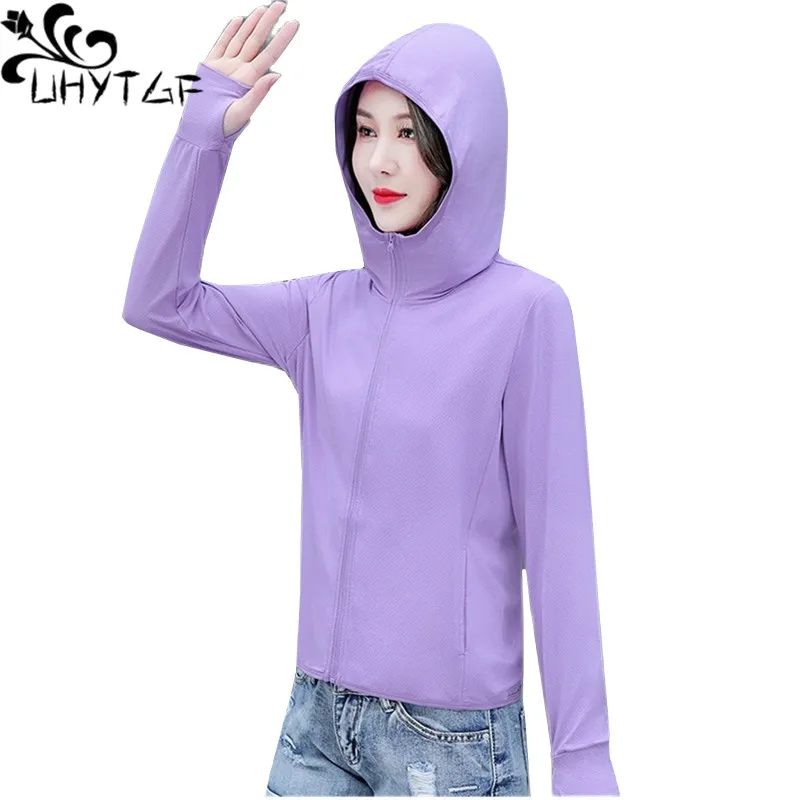 

UHYTGF 2022 Ice Silk Breathable Summer Coat Women Hooded Outdoor Thin Sun Protection Clothing Long Sleeve Jacket Short Tops 2064