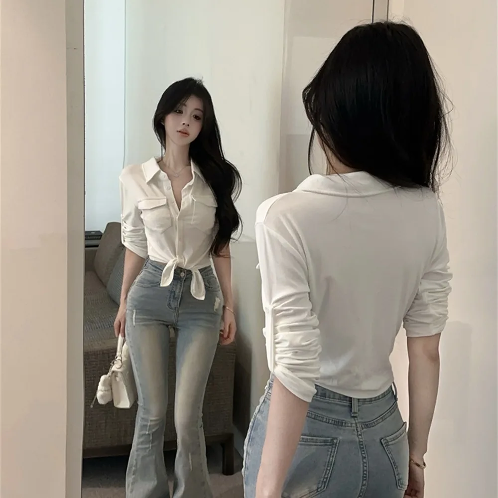 تي شيرت صيفي 2025 بقصة ضيقة تي شيرت مرن طويل Sve منتصف Sve ort irt مثير حار للنساء Faion كاجوال irt #5