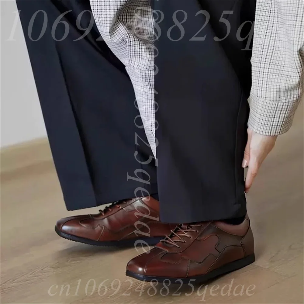 Men's Leather Vintage Derby Shoes Lace up Closure, Contrast Stitch Flat Rubber Sole, Round Toe Shoes Casual Everyday Footwear