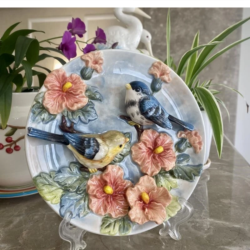 3D Hibiscus Bird Lover Decorative Wall Dishes Porcelain Plates Home Decor Crafts Room Decoration Accessories Figurine