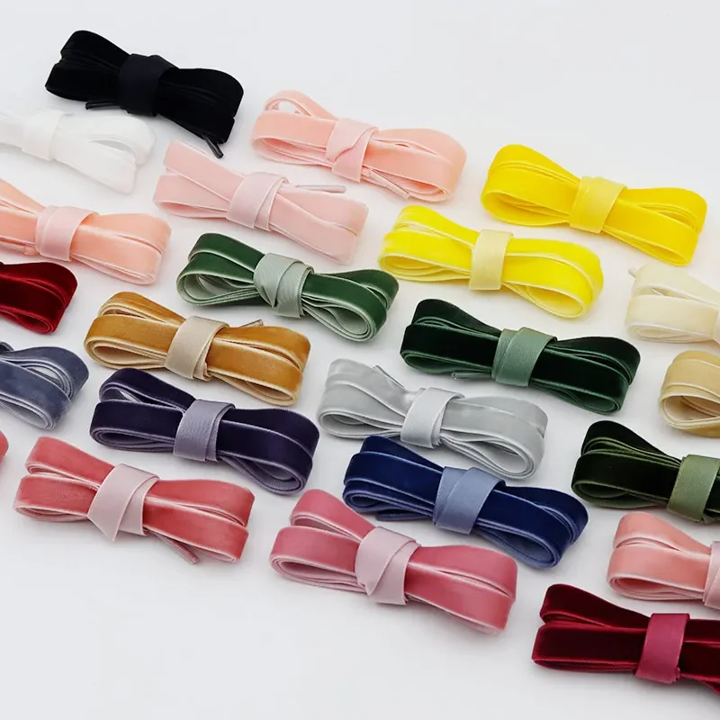 Coolstring 12.7mm Ribbon Velvet Flat Single-sided Plush Shoelaces with Plastic Aglet Pretty Cords for Dress Lady Designer Shoes