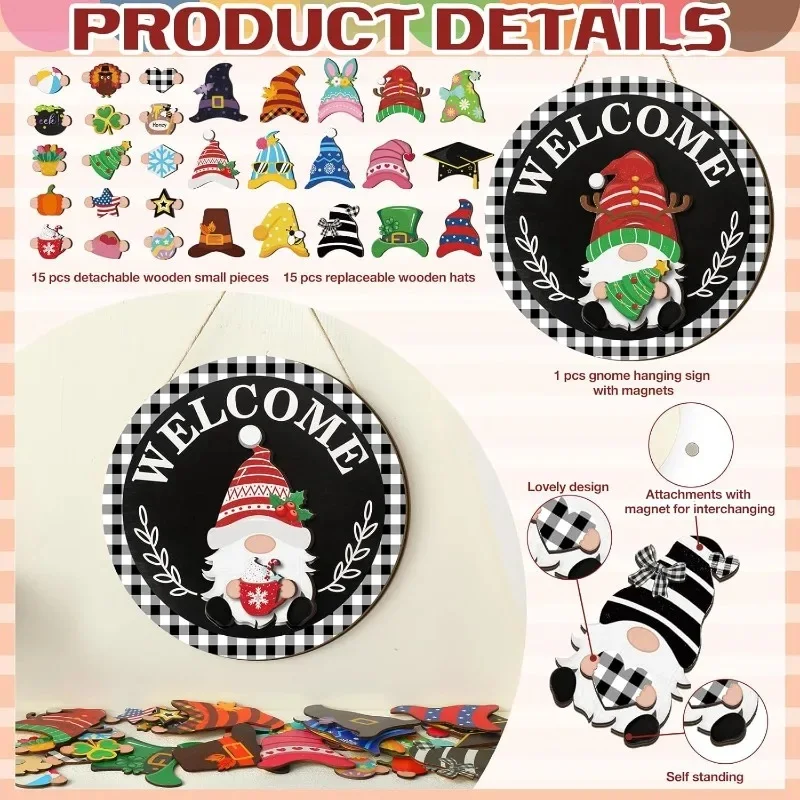 

Seasonal Gnome Set Wooden Decor Christmas Halloween Doorplate Decoration DIY Party Interchangeable Holiday Themes Decorations