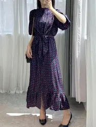 Summer 2024 Women Robe Stars Geometric Printed Stand Collar Lace-up Waist Single Breasted Vintage Midi Dress