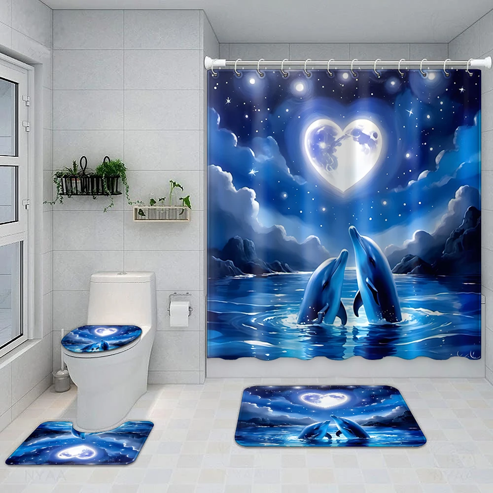 1 set of moonlit blue dolphin print shower curtains, dreamy ocean style, with plastic hooks and bathroom