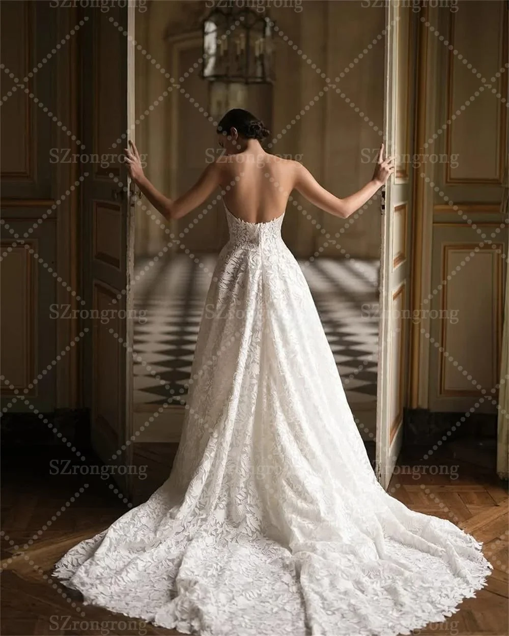 Graceful Sweetheart Collar Lace A-line Wedding Dress Boho Backless Floor Length Bridal Dress with Train Custom Made Vestidos de